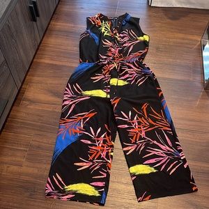 Natori Tropical printed Sleeveless Pant Jumpsuit, Crepe Wide Leg.